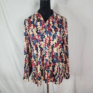 Vintage 70's! ALAN GREEN Size Large‎ (VTG 20) Red Blue Brush Stroke Weave Blouse
